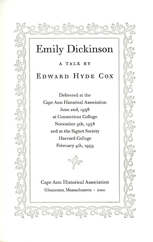 Emily Dickinson: A Talk by Edward Hyde Cox